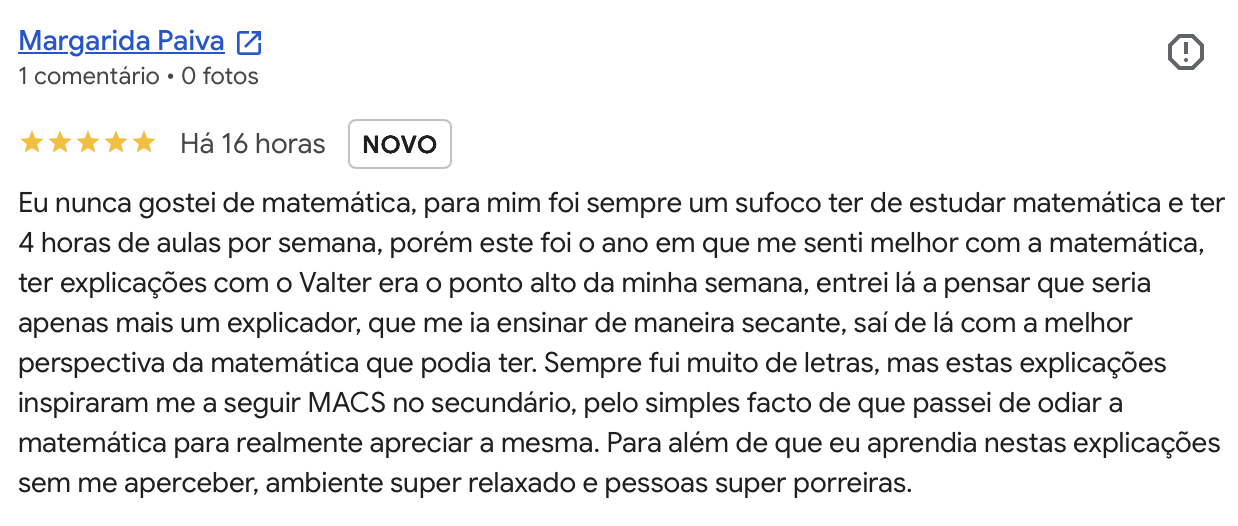 Avaliacao Google 5 estrelas de Margarida Paiva: as explicacoes inspiraram na a seguir MACS no secundario.